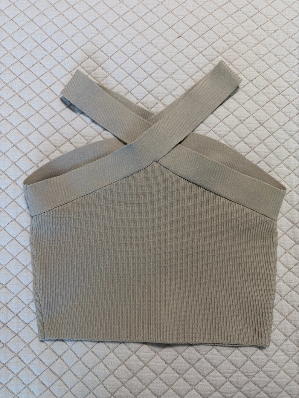 Babaton Sculpt Knit Cross-Front Halter Crop Top - Size L - Neutral Taupe